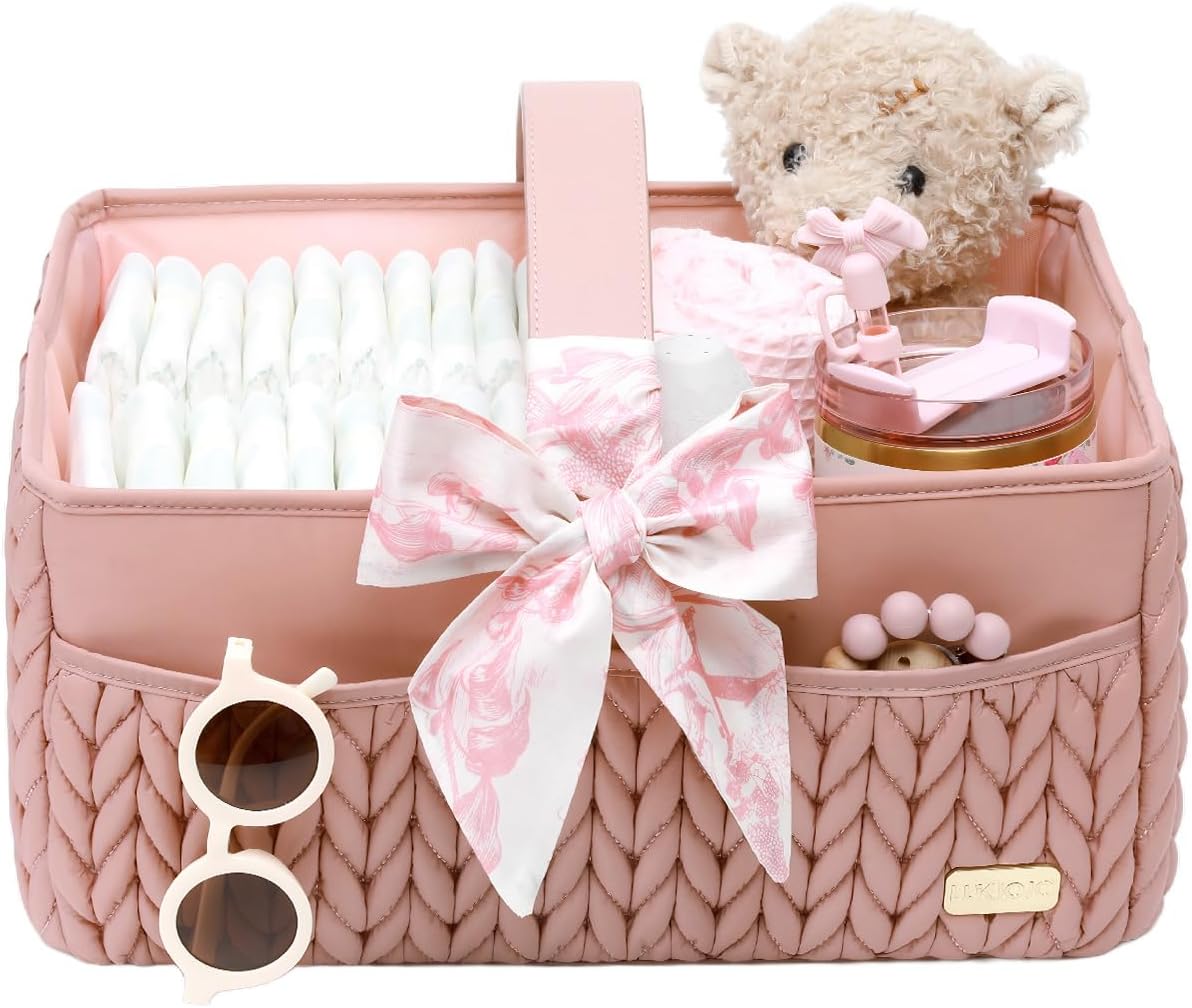 Luxurious Baby Diaper Caddy, Nursery Storage Basket for Newborn Boy and Girl, Travel Baby Basket for Diapers Baby Wipes, Organizer Tote Bag Storage Bin, Baby Shower Gifts(dusty rose)