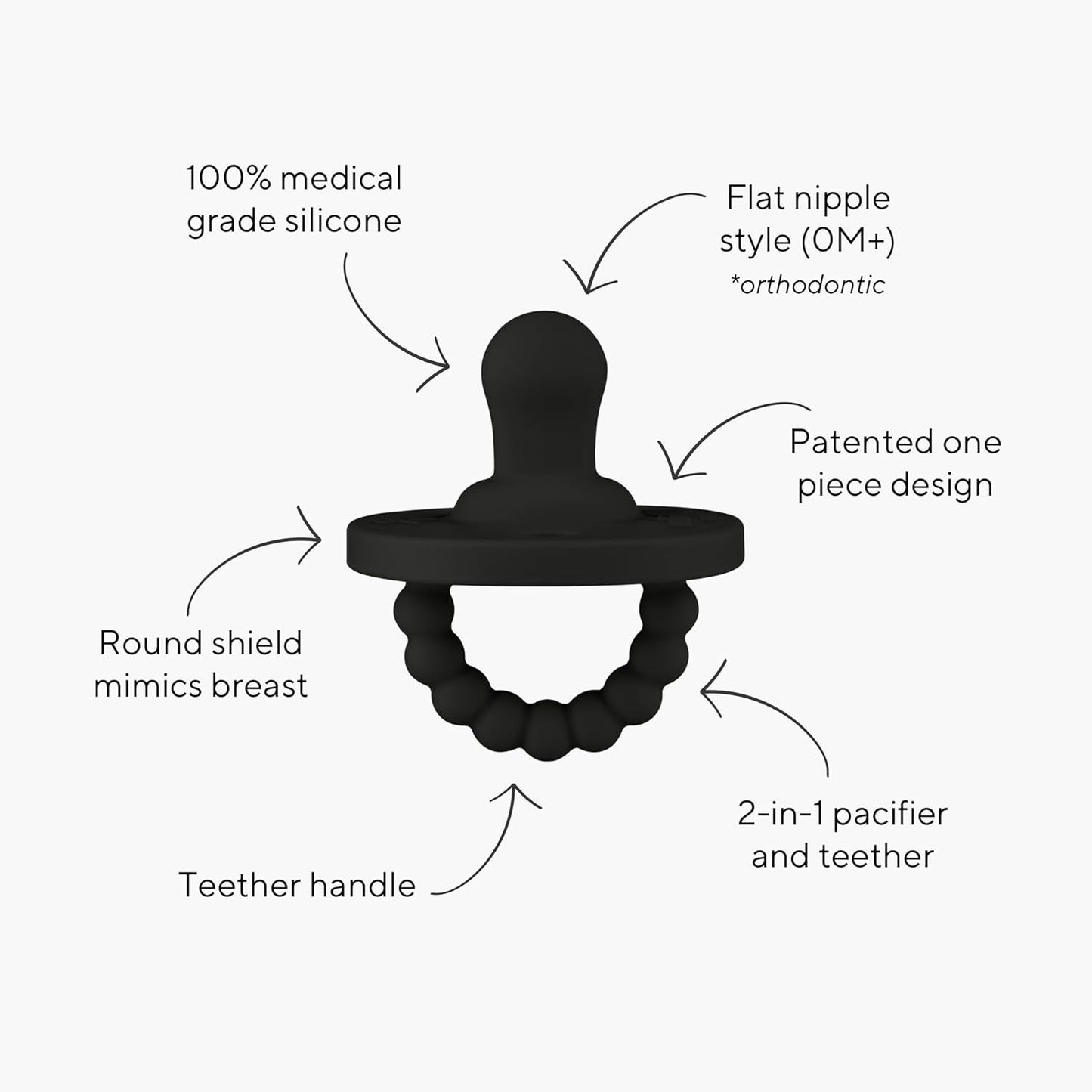 Ryan & Rose Cutie PAT Pacifier Teether 3 Pack and Flex Clip (Flat, Black)