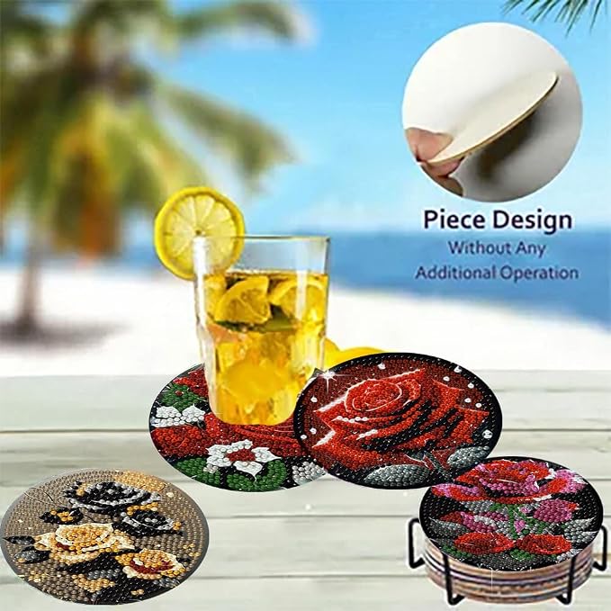 8 Pack Diamond Art Coasters, Rose Flowers Diamond Painting Coasters Kits |