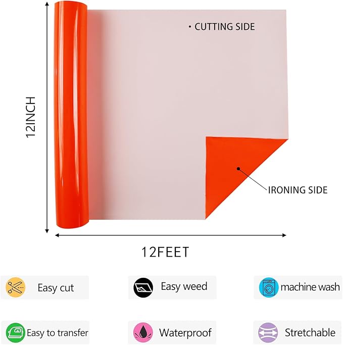 Neon Orange HTV Iron on Vinyl 12Inch by 12ft Roll HTV Heat Transfer Vinyl
