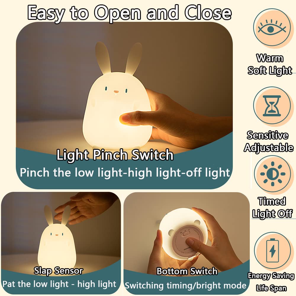 LED Cute Rabbit Night Light, Cute Silicone Bunny Lamp and Animal NightLight,LED Squishy Animal Light for Sleep,Kawaii Bedside Lamp Room,Rechargeable Bedside Touch Silicone Lamp (Rabbit)
