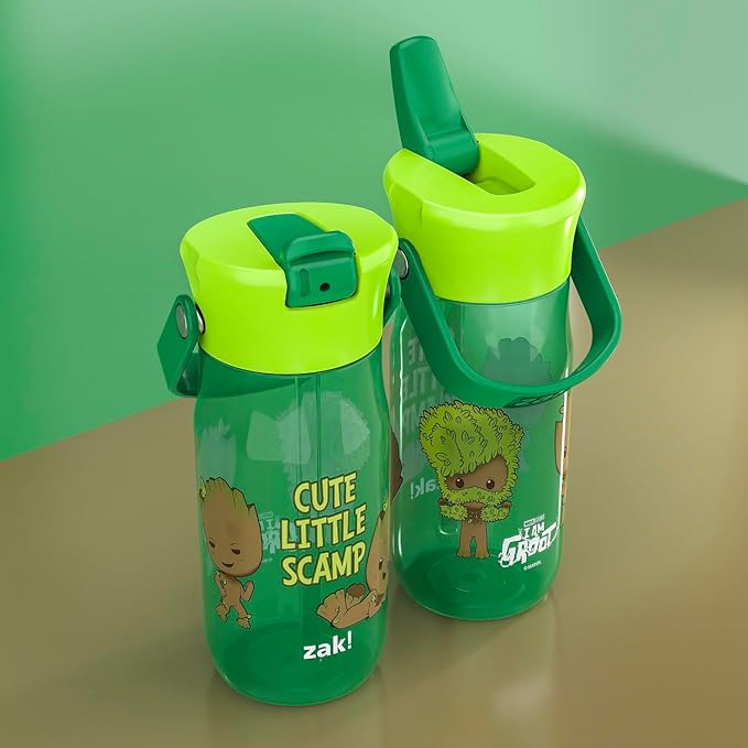 Zak Designs Harmony Marvel Groot Water Bottle for Travel or At Home, 18oz Recycled Plastic is Leak-Proof When Closed with Straw Lid and Carry Handle, 2-Pack (Groot)