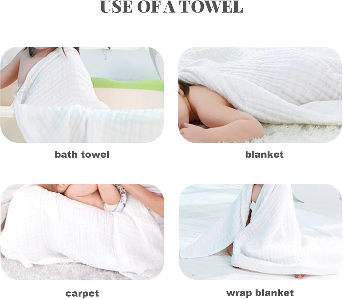 Baby Muslin Towel Blankets- 3 Pack Newborn White Gauze Towel Odor Free Soft Baby Bath Towel 6 Layers for Boys and Girls 41.5"x 41.5"