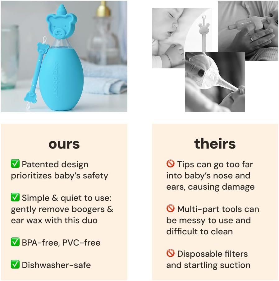 oogiebear BearPair FSA/HSA Eligible Silicone Bulb Baby Nasal Aspirator and Ear & Nose Syringe, Safely Sucks Snot and Removes Mucus, Cleanable and Reusable, Blue