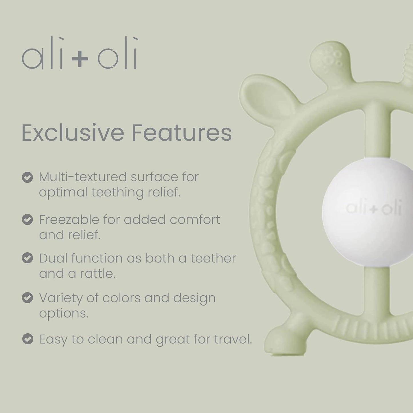 Ali+Oli Sage Giraffe Baby Teether & Rattle, Silicone Teethers for Babies 3+ Months, BPA Free & Freezable Teething Toys