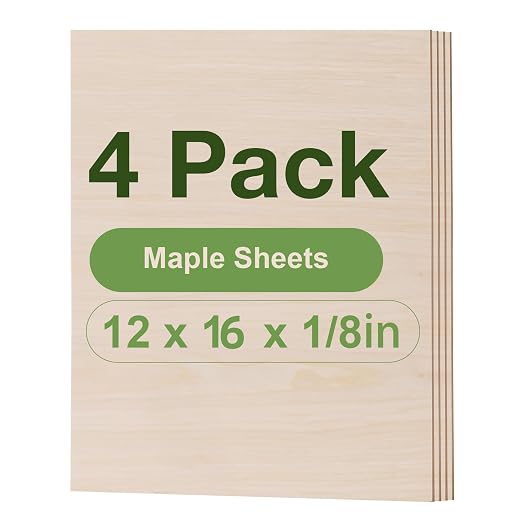 Rowood 4 Pack Maple Plywood 1/8, 3mm Wood Sheets Thin Unfinished Maple Plywood