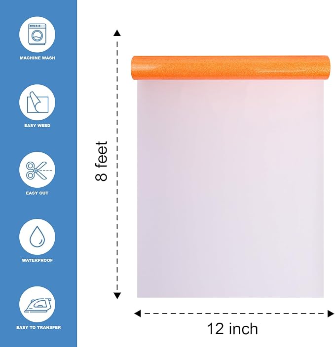Neon Orange Glitter Heat Transfer Vinyl 12" x 8 ft HTV