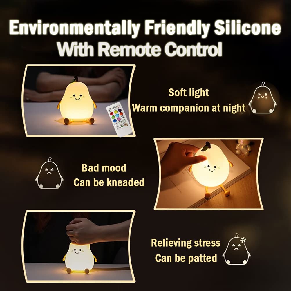 LED Cute Pear Night Light, Silicone Fruit Pear Lamp with Remote, Squishy Kawaii Bedside Cute Lamp, Adjustable Brightness NightLight for Bedroom, Rechargeable Soft Glow NightLight for Room Decoration