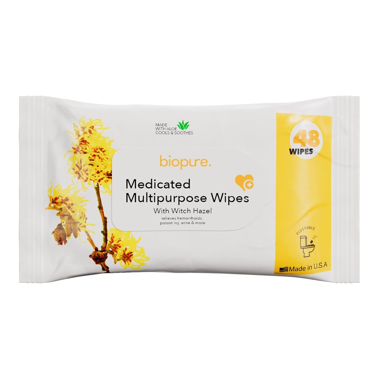 BIOPURE Witch Hazel Wipes with Aloe Vera – 48 Count Value Pack | Medicated Flushable Hemorrhoid Wipes for Gentle, Soothing & Astringent Cleansing Relief