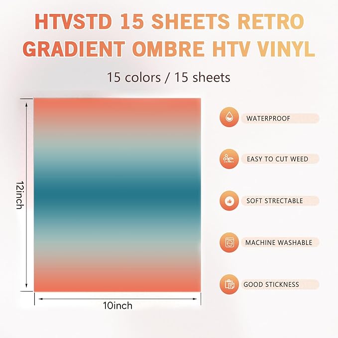 Gradient HTV Heat Transfer Vinyl 15 Sheets 12×10in Iron on Vinyl | Ombre
