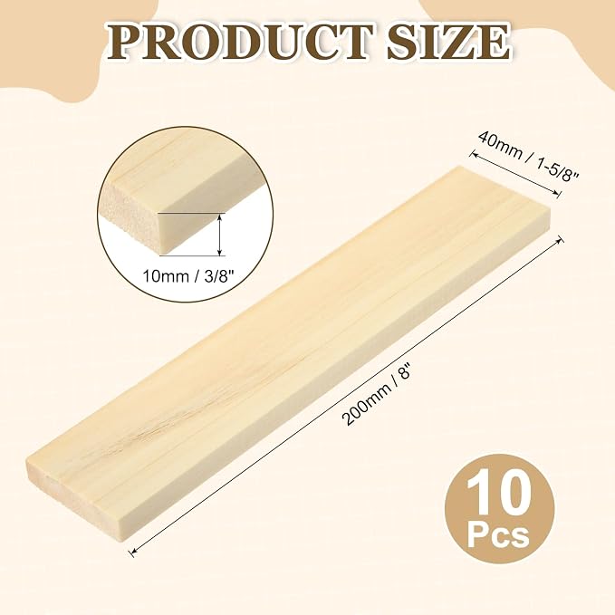 MECCANIXITY 10Pcs Wood Strips Slats, 3/8" x 1‑5/8" x 8" Thin Wood Sticks Flat
