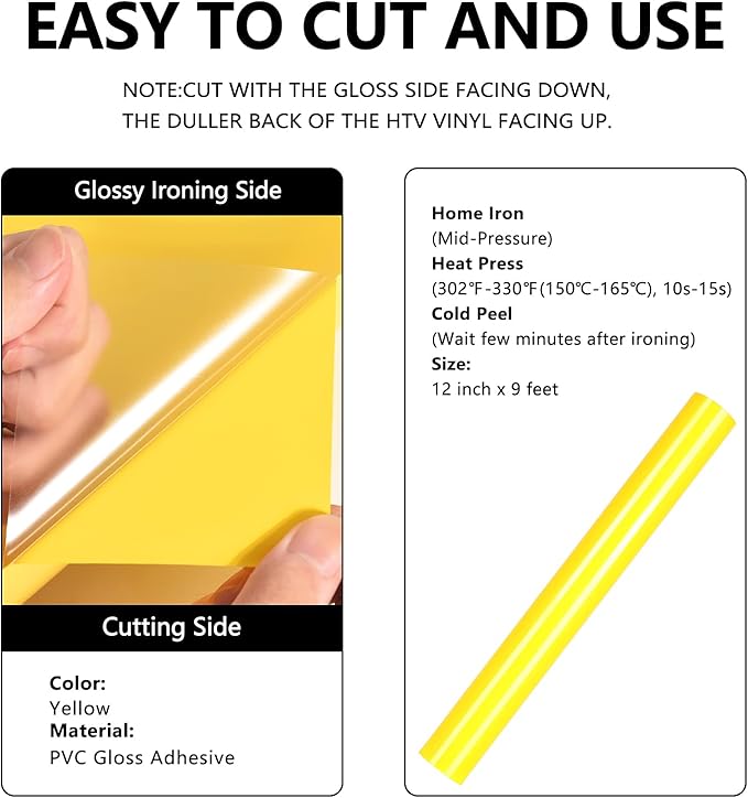 FUNKAKA Yellow HTV Heat Transfer Vinyl Rolls, Adhesive HTV Vinyl