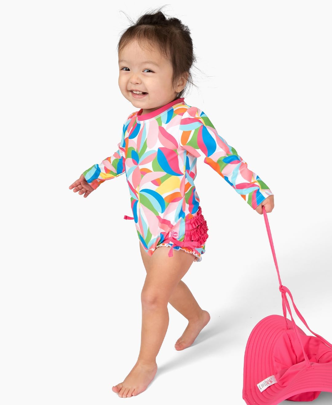 RuffleButts Baby Girls UPF 50+ Sun Protection Novelty Print Long Sleeve One Piece Rash Guard Swimsuit with Zipper