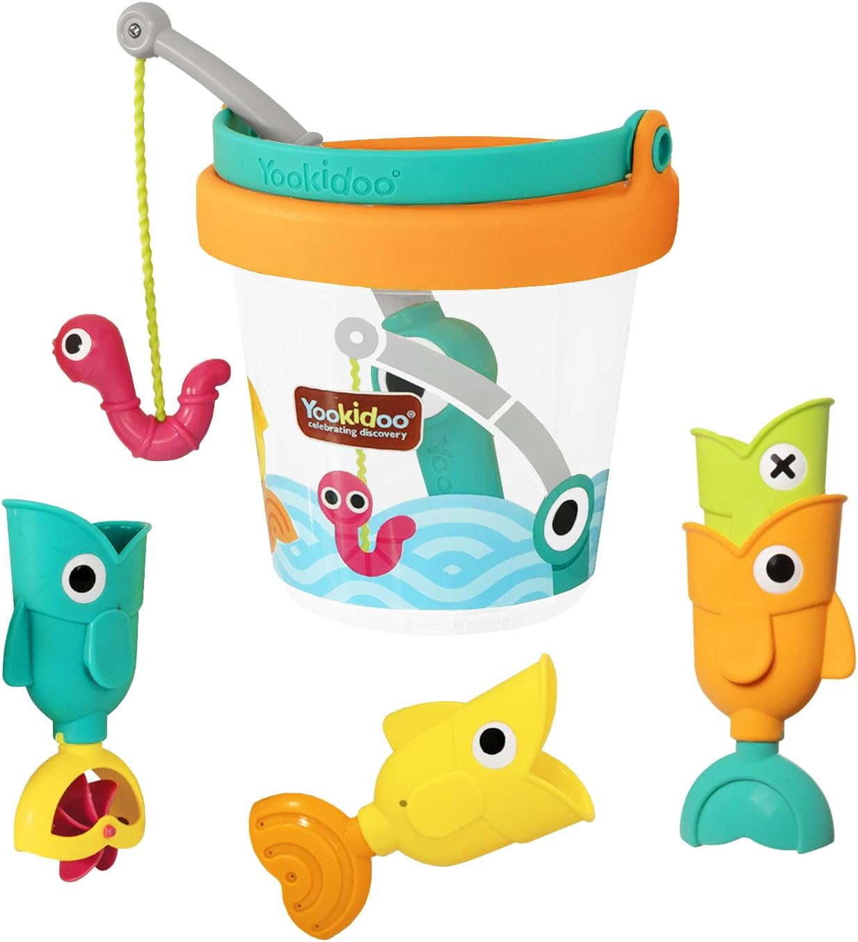 Yookidoo Fishing Set Bucket Bath Toys – Magnetic Fishing Rod, Wriggling Fish + 3 Floating Fish with 3 Unique Effects – Mold Free Catch ’N’ Sprinkle Bathtime & Pool Toy for Toddlers and Kids (Ages 2–6)