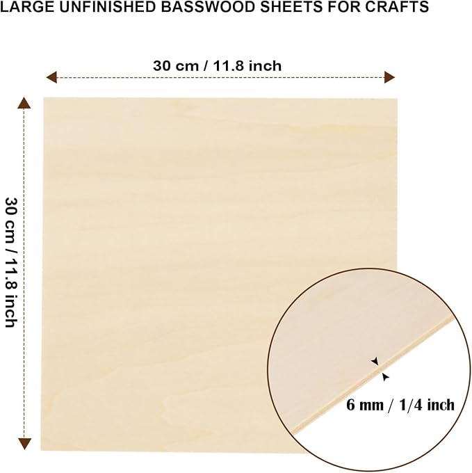 24 Pack Basswood Sheets for Crafts 12"x12"x1/4", 6mm Thick Plywood Sheets Board