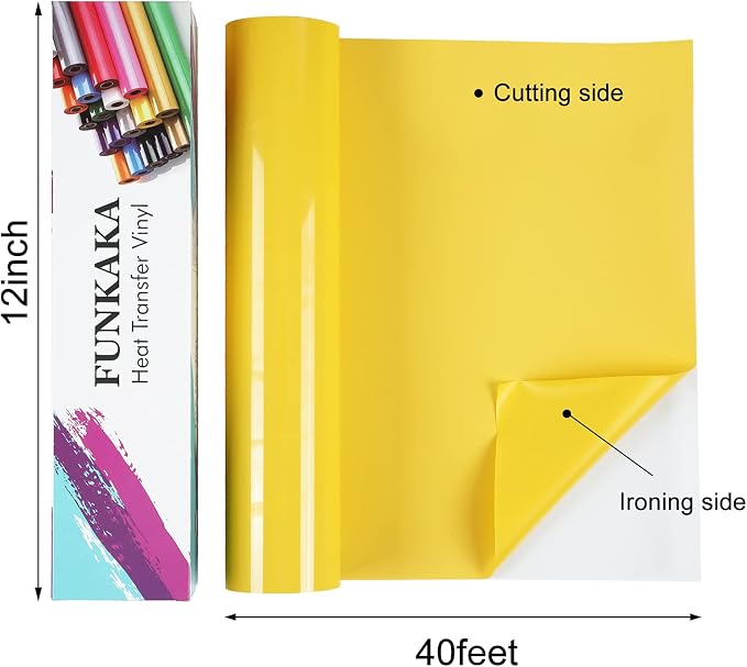 FUNKAKA Yellow Heat Transfer Vinyl Rolls, Adhesive Glossy HTV Vinyl