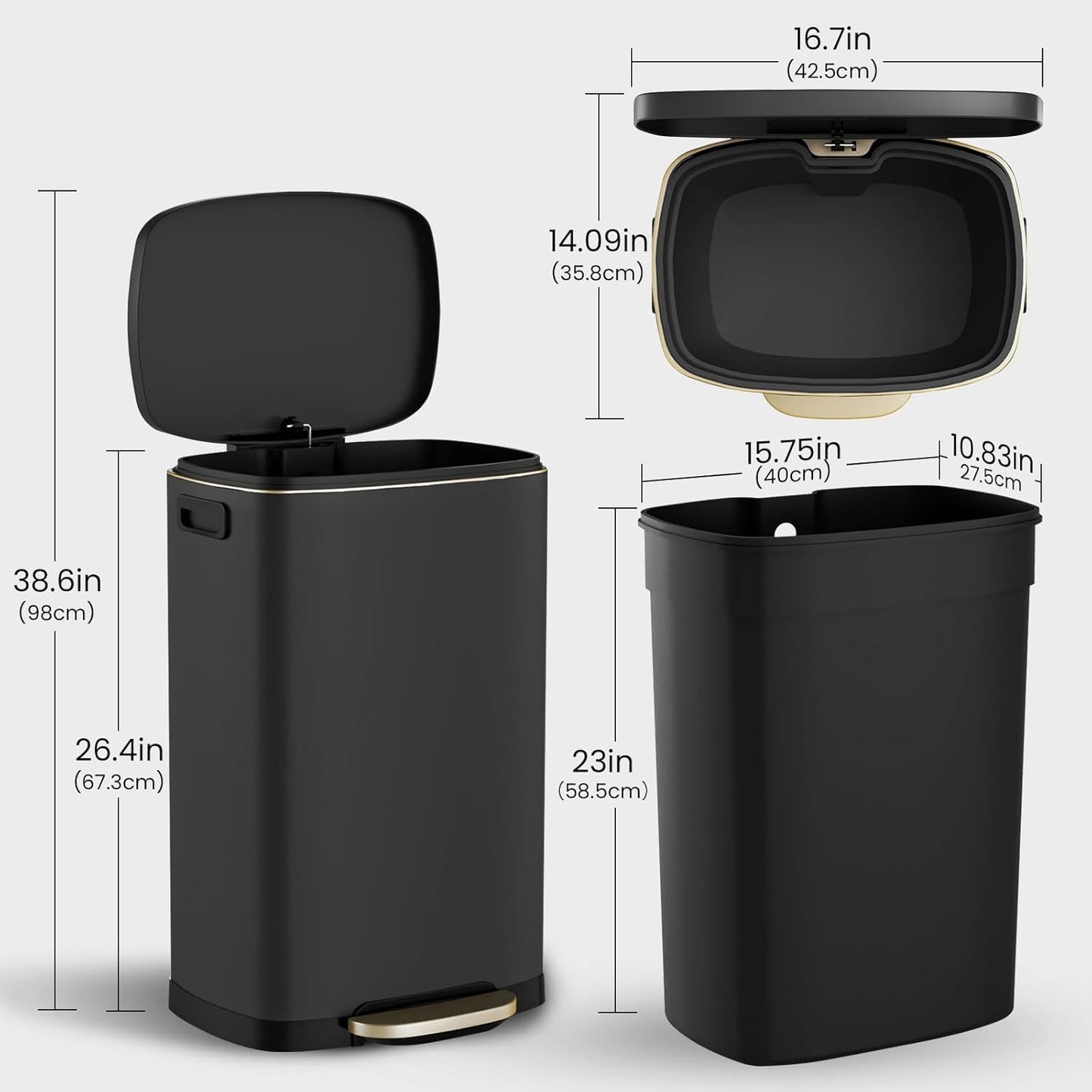 ELPHECO Kitchen Trash Can with Lid Soft Close, 13 Gallon / 50L Stainless Steel Pedal Garbage Can, Heavy-Duty Fingerprint Proof Step Wastebasket with 20 Bags, Removable Bucket, Home Office, Matte Black