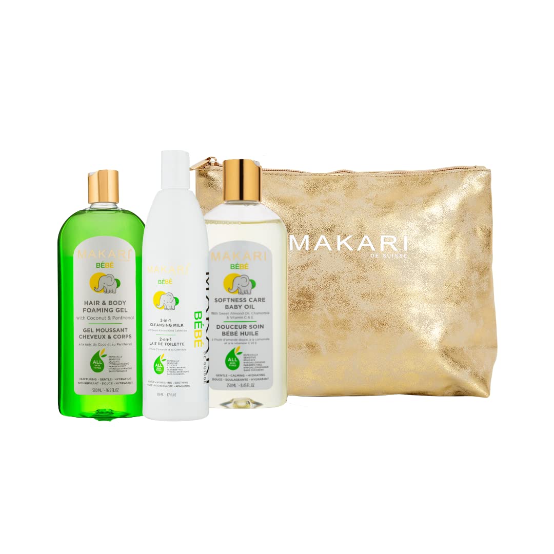 MAKARI Bebe 3 Piece Shower Gift Set - Foaming Gel, Cleansing Milk & Oil, Gentle, Nourishing & Calming Bath Routine for Newborn and Up, Hypoallergenic & Paraben-Free Baby Care Products