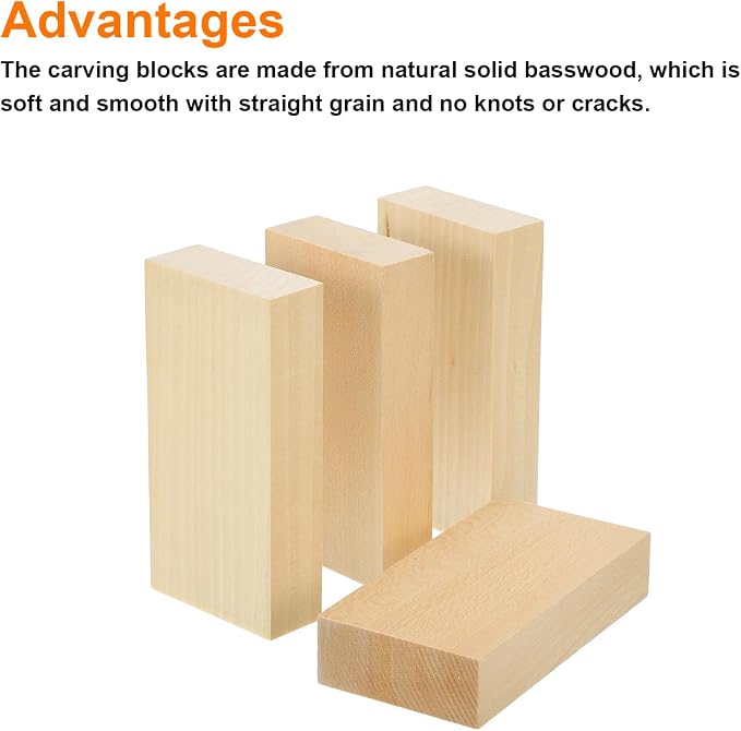MECCANIXITY 4Pcs Basswood Carving Block, 0.8"x2"x4" Square Wooden Dowels Blocks