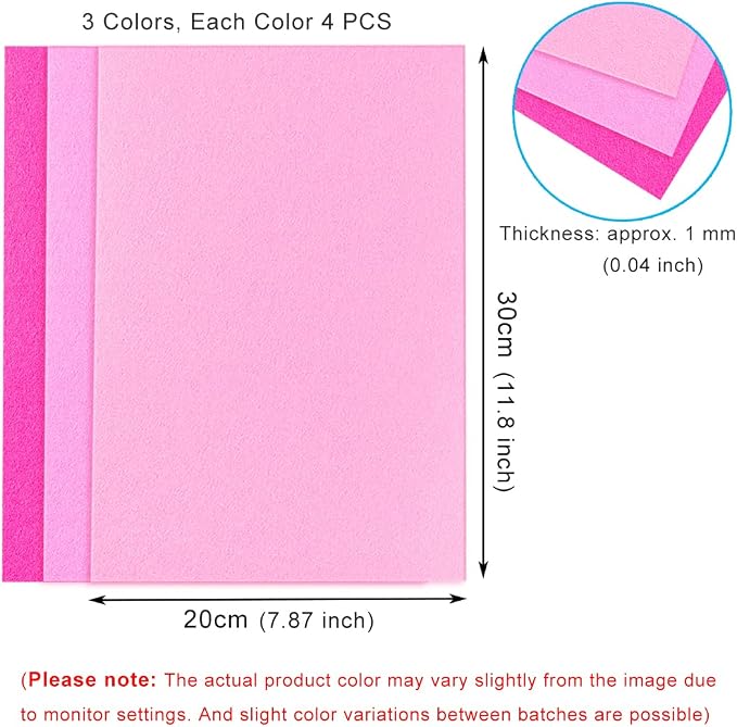 12 PCS Felt Fabric Sheets Shades of Pink, 7.87*11.8 inch A4 Stiff Felt Squares