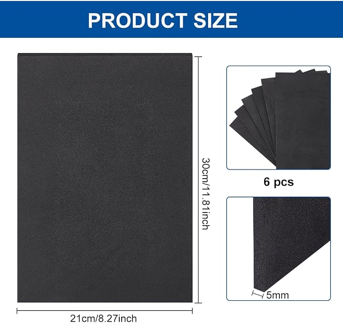 BENECREAT 6 Pcs 5mm Thick Self Adhesive Foam Sheet 8.3x11.8 Inch Black Non-Slip