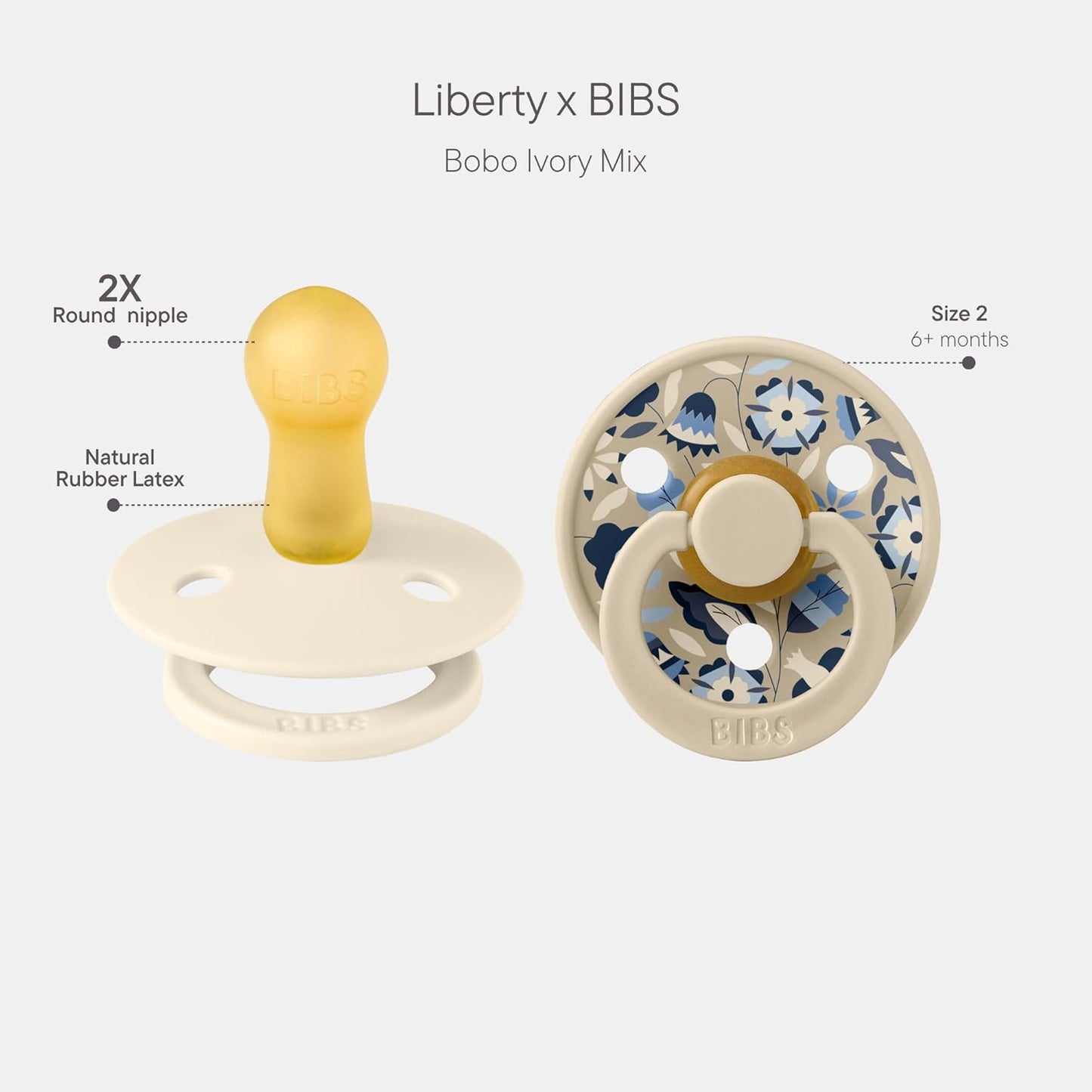 BIBS Colour Liberty Soother 2-Pack, BPA Free Dummy Pacifier, Round Nipple. Natural Rubber Latex, Made in Denmark, Size 2 (6-18 Months), Bobo Ivory Mix