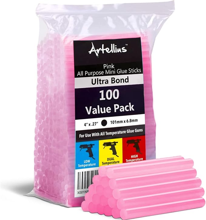 Artellius - Pink Glitter Hot Glue Sticks 4" x.27" - Ultra Bond Hot Melt