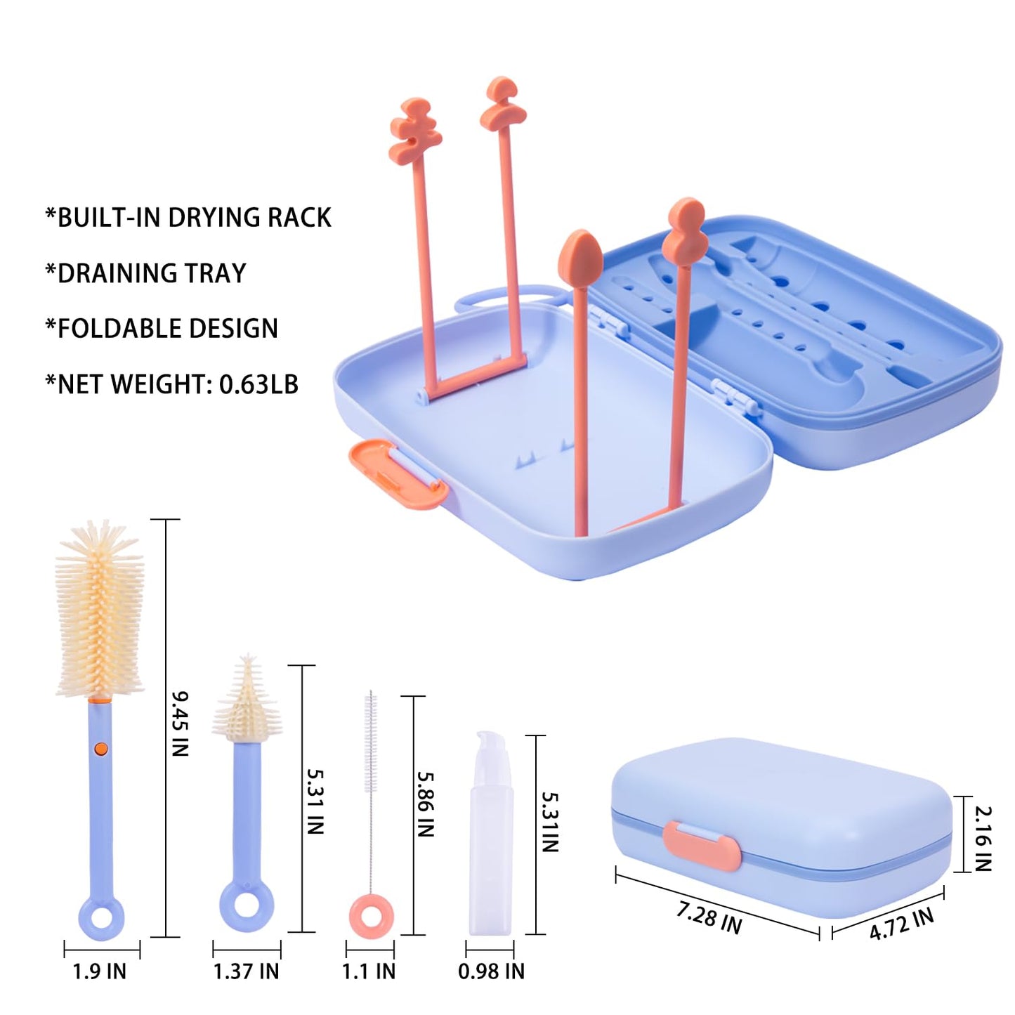 7in1 Travel Bottle Cleaner kit with Baby Bottle Brush and Bottle Drying Rack,Swift Cleaning, Easy Portability(Blue)
