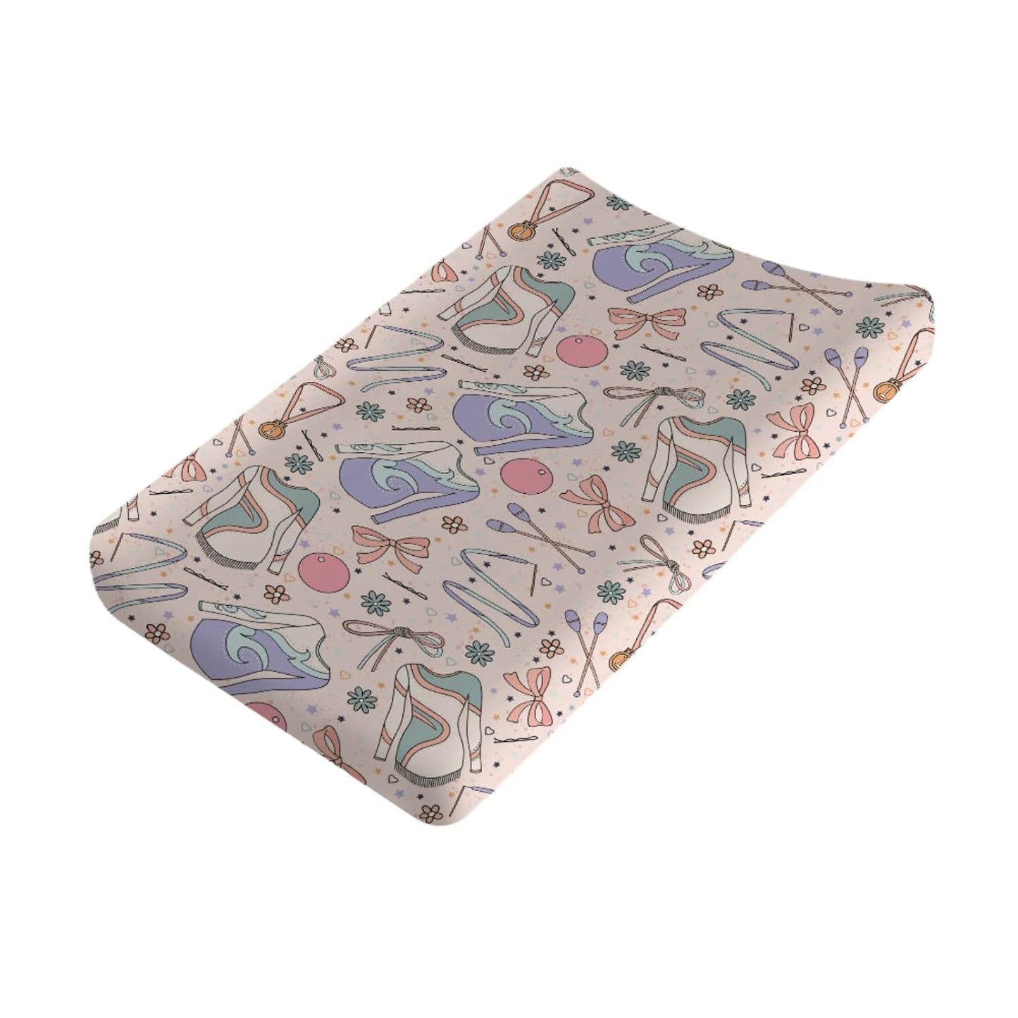 Cute Girl Gymnastics Baby Changing Pad Covers for Girls 32''x16'' Gymnast Ball Ribbon Floral Fitted Diaper Changing Table Sheets Comfort Soft Breathable Baby Change Table Mats Pink