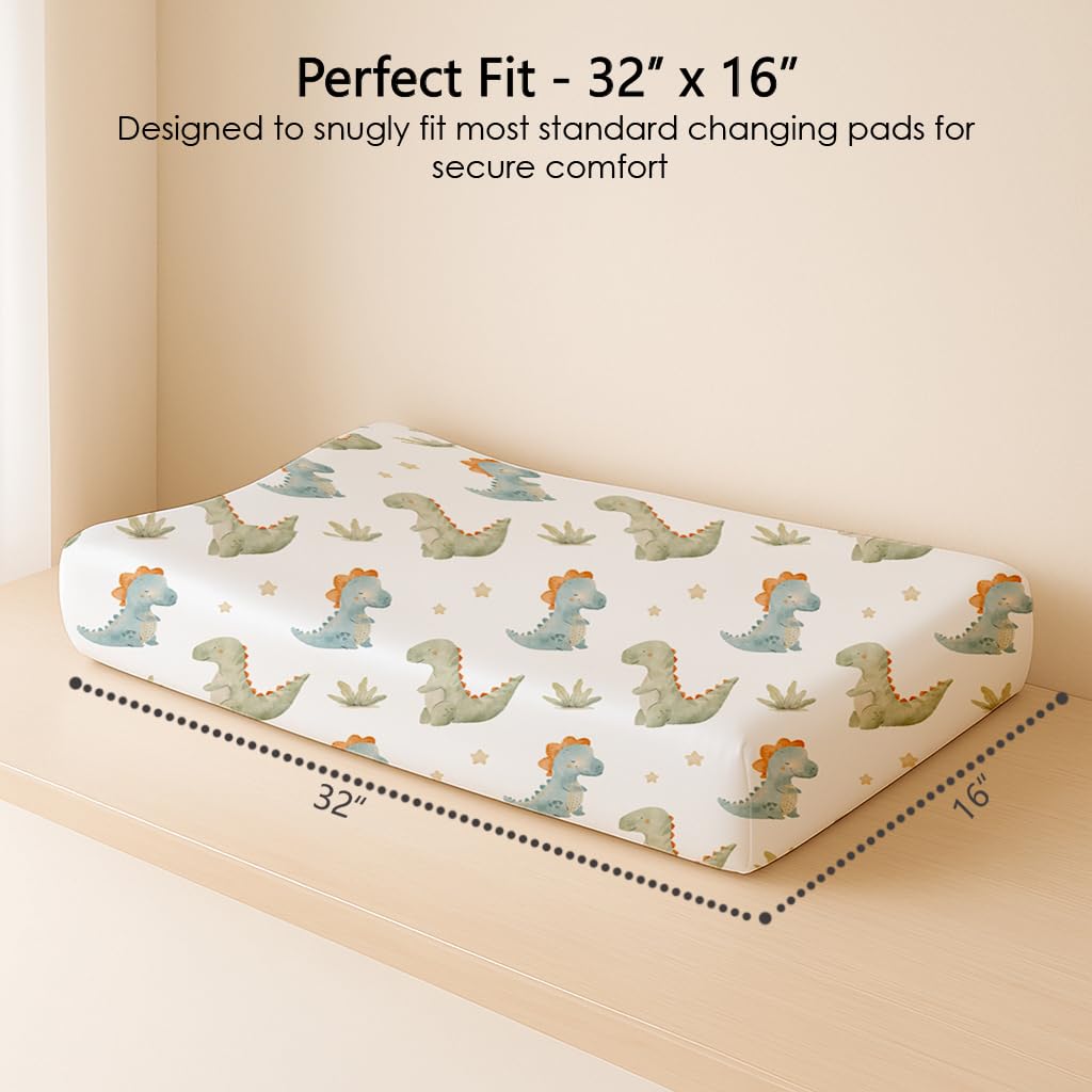 Changing Pad Cover for Baby Boys Girls 2 Pack, Fits Standard 32”×16” Changing Table Pads, Silky Breathable Stretch Knit, Machine Washable (Tiny Dinos)