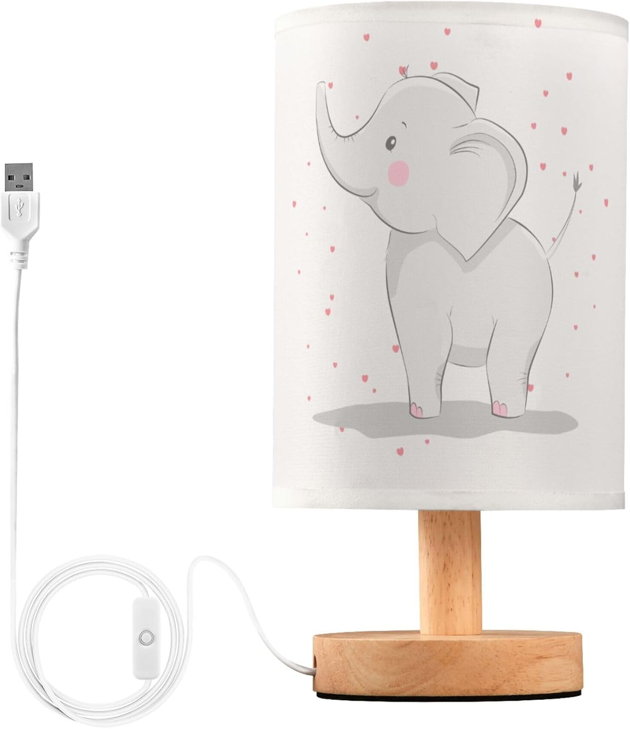 Table Lamp Cute Elephant Baby with Love Heart Valentines Day White Nightstand Lamp with Wood Base Fabric Lamp Shade Bedside Desk Lamp for Living Room Bedroom Kids Room Office