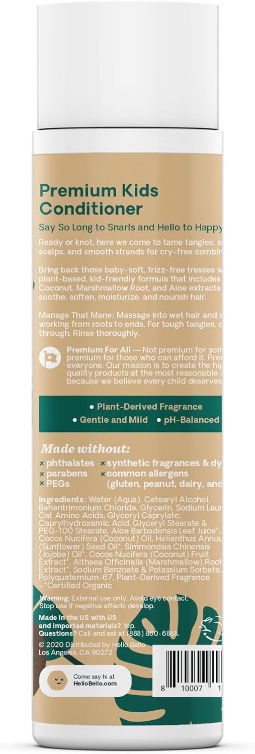 Hello Bello Kid's Conditioner - Hypoallergenic, pH-Balanced & Dermatologist-Tested - Thoughtful Ingredients - Coconut, 10 Fl Oz (2 Pack)