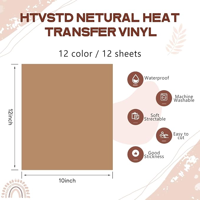 HTVSTD Skin Tone Heat Transfer Vinyl 12 Sheets 12×10in Iron on Vinyl | Netural