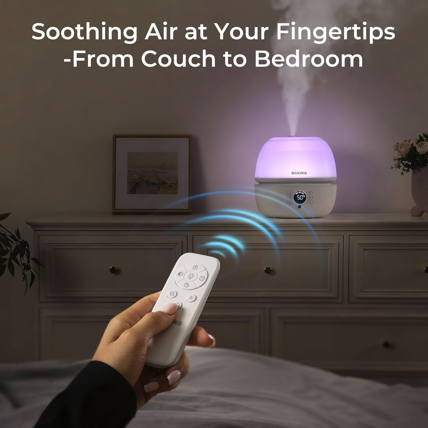 BOXING Top Fill Humidifiers for Bedroom Baby with Humidistat, 20dB Quiet Air Humidifier for Large Room & Indoor Plants with Remote, Cool Mist Diffuser for Home, 7 Color Light, Essential Oil Tray,Timer