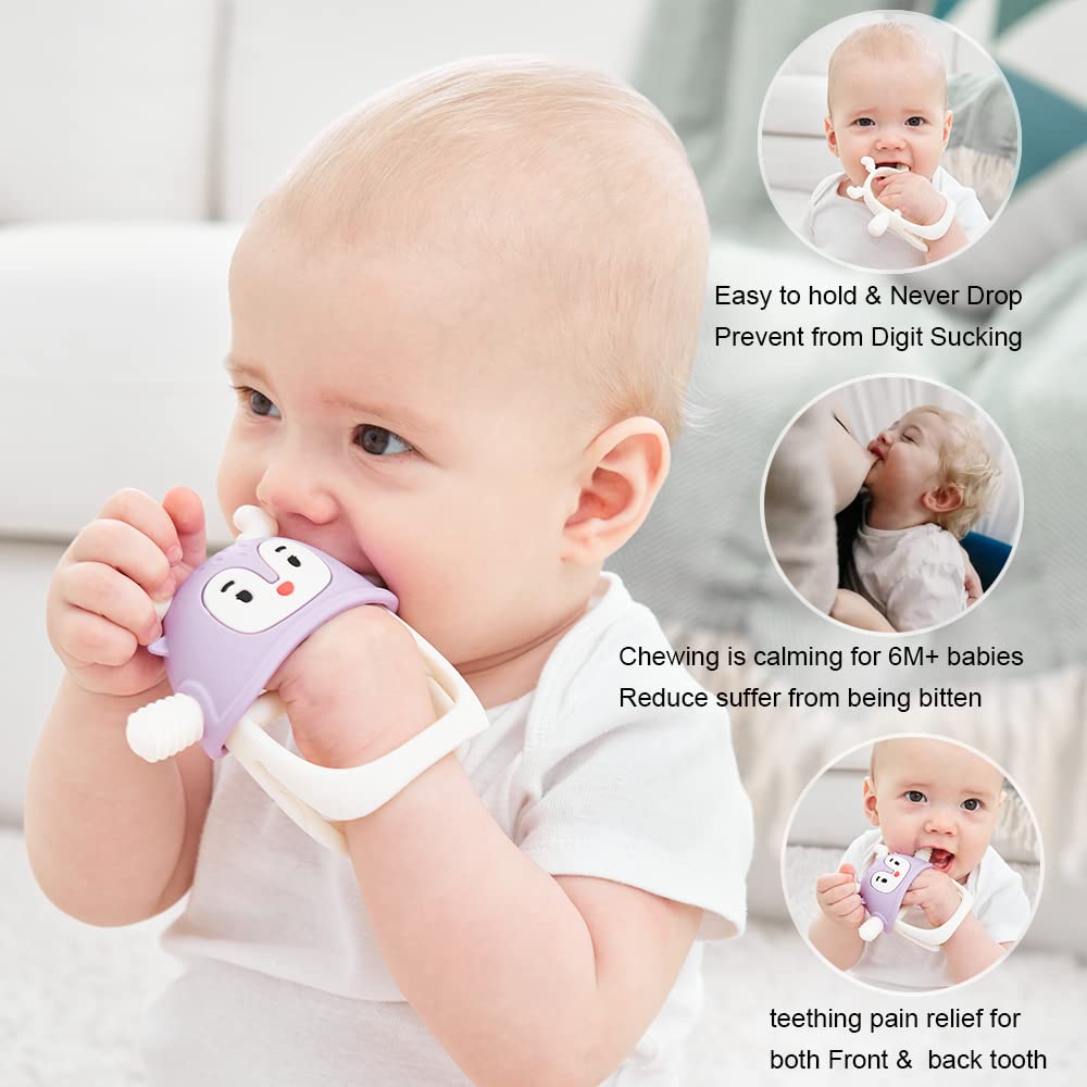 Smily Mia Never Drop Reindeer Silicone Baby Chewing Toy for 3M+ Infants, Easy to Hold Teething Miteen with Soft Textures for Sensory Exploration and Teething Pain Relief-Purple