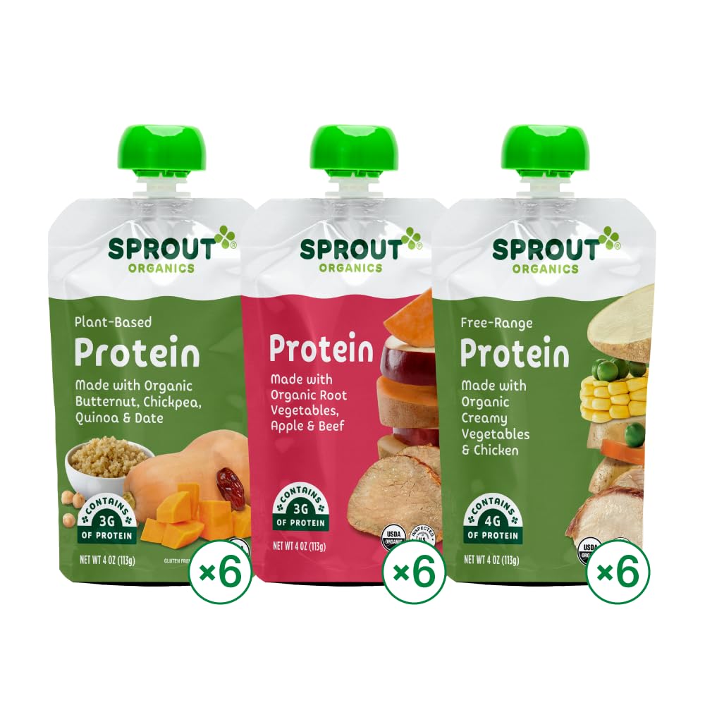 Sprout Organic Baby Food, Stage 3 Pouches, Root Veg & Beef, Creamy Veg & Chicken, Garden Veg & Turkey Variety Pack, 4 Oz Purees (Pack of 18)