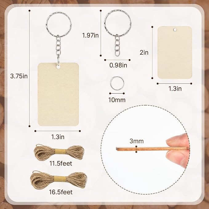 50Pcs Blank Rectangle Wooden Keychain Set, Unfinished Wood Slices