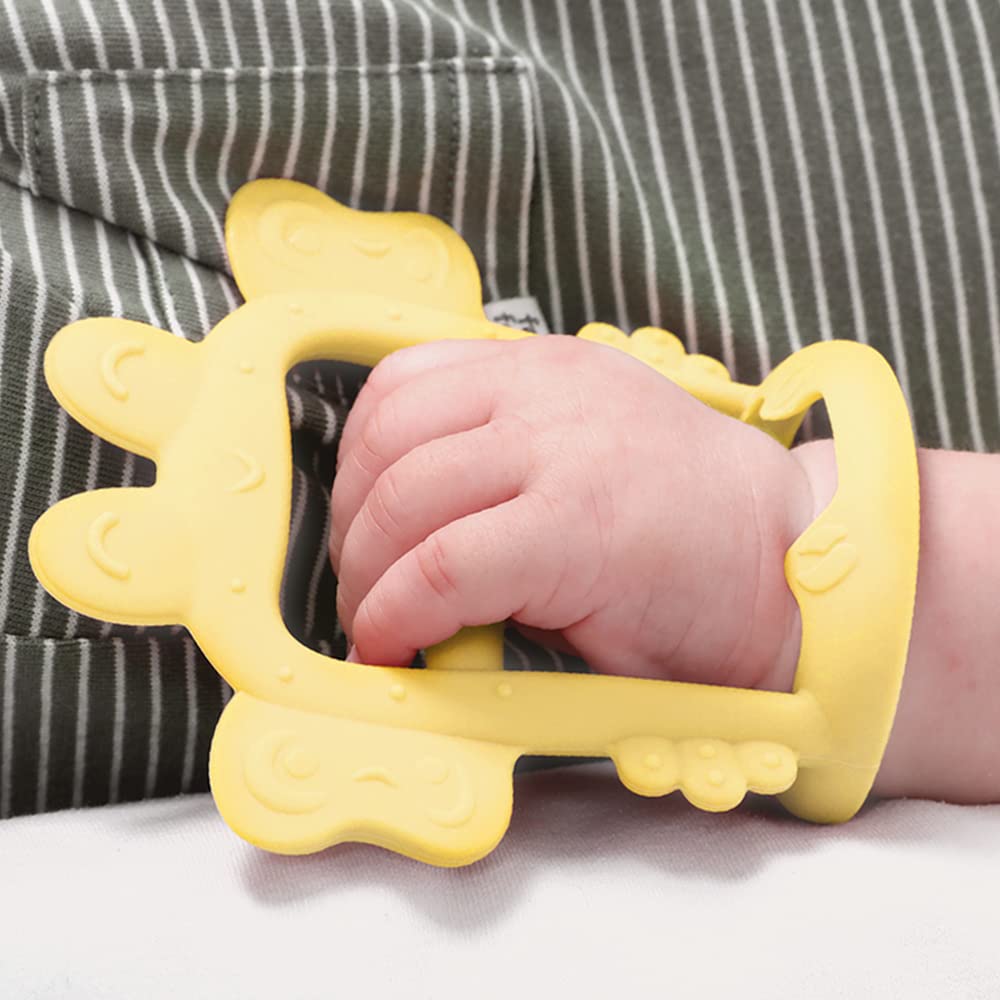 Anti-Dropping Silicone Baby Wrist Teether Soothing Pacifier for Infants 3+ Months Babies, Pack of 1, Made in Korea (Crab-Elfin Yellow)