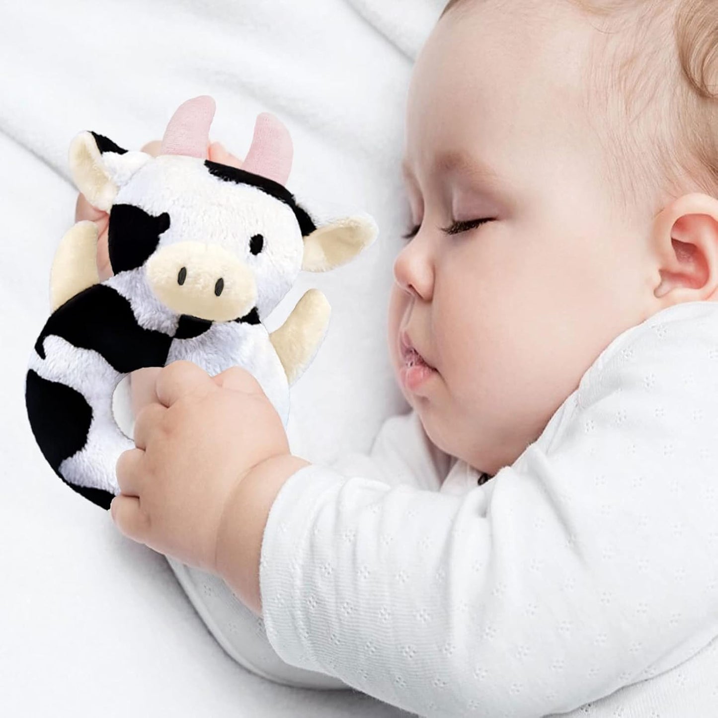 Baby Cow Soft Rattle Toy, Dairy Cattle Plush Infant Shaker Rattle Easy-Grasp Stuffed Animal Toy, Gifts for Newborns Babies Toddlers Boys Girls, Pink Horns, 6 Inches