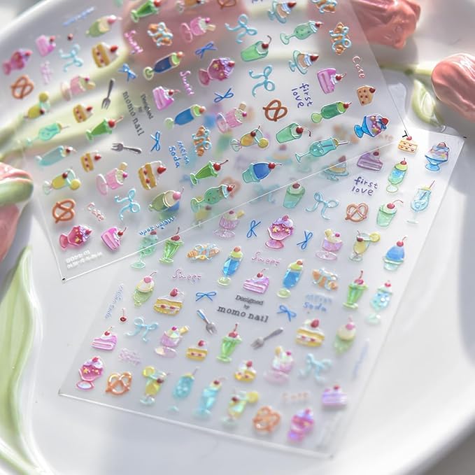 Summer Nail Art Stickers Decals Cherry Cake 5D Embossed Jelly Nail Decals 1PCS