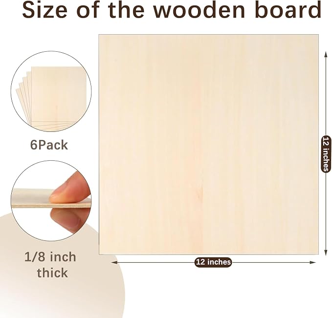 Basswood Plywood Sheets, 12 x 12 in, 3 mm, 6 Pack | Smooth unfinished wood