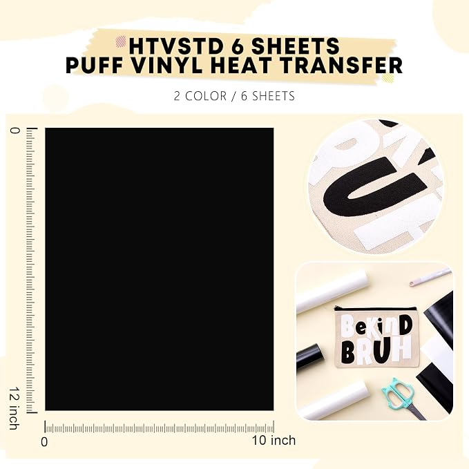 HTVSTD Black White Puff HTV Heat Transfer Vinyl 6pcs 12×10in | Puff Iron on