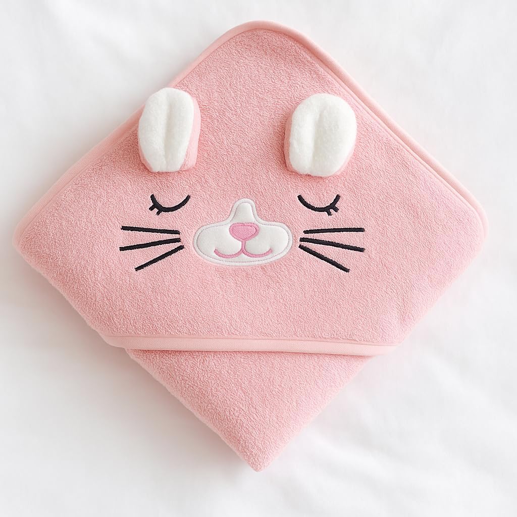 Hooded Baby Bath Towel for Girls – Soft & Absorbent Pink Animal Design | Plush Newborn & Toddler Bath Wrap