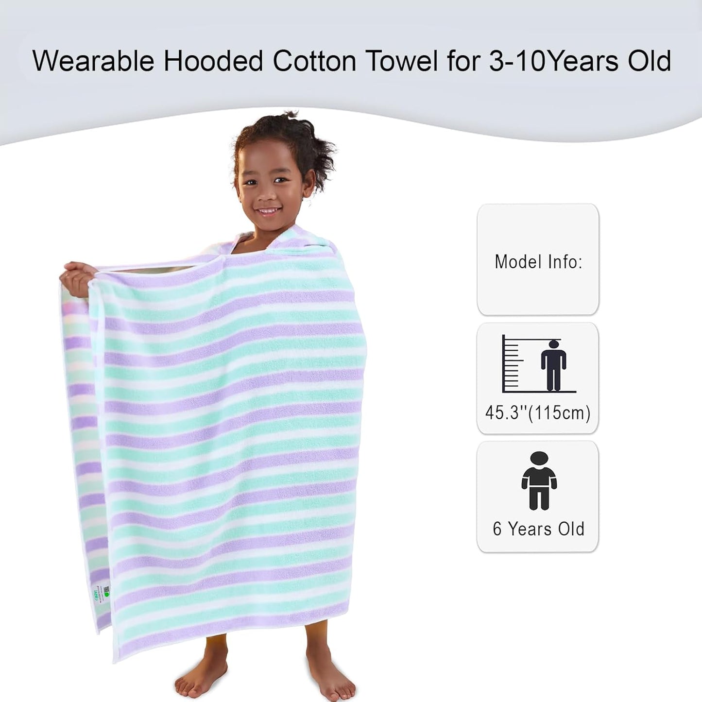 VOOVA & MOVAS Kids Hooded Bath Towels(3-10Years),Absorbent Quick Dry Lightweight Hooded Cotton Towel for Pool | Swim | Beach | Bath, Boys Wrap Towel with Hood, Aqua Purple Stripe