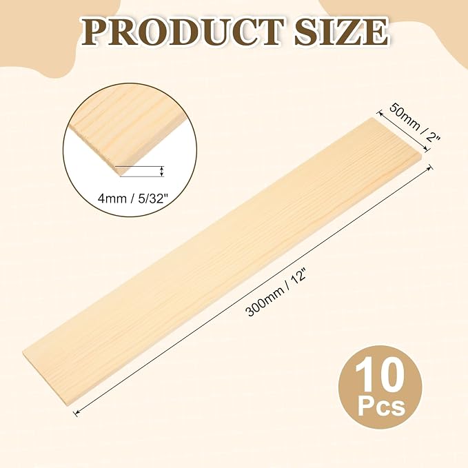 MECCANIXITY 10Pcs Wood Strips Slats, 5/32" x 2" x 12" Thin Wood Sticks Flat