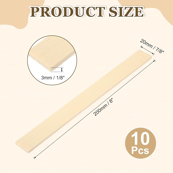 MECCANIXITY 10Pcs Wood Strips Slats, 1/8" x 7/8" x 8" Thin Wood Sticks Flat