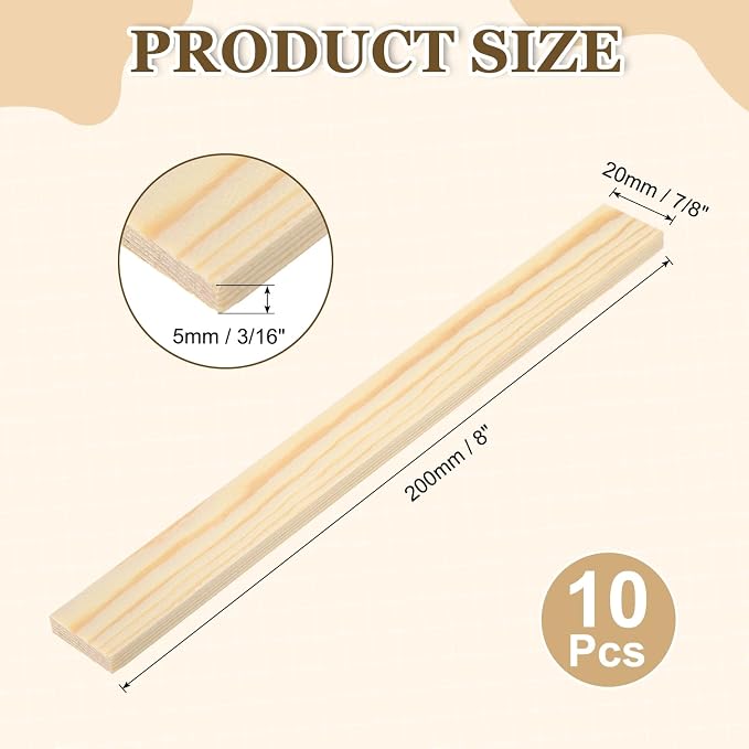 MECCANIXITY 10Pcs Wood Strips Slats, 3/16" x 7/8" x 8" Thin Wood Sticks Flat