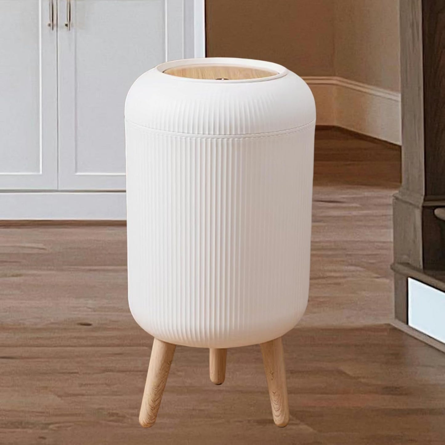 URALFA Bathroom Trash Can with Lid, 3 Gallon / 11L Garbage Can with Pop-Up Lid, Small Dog Proof Trash Cans, Plastic Waste Basket with Removable Legs for Bathroom, Bedroom, Kitchen, Office, White