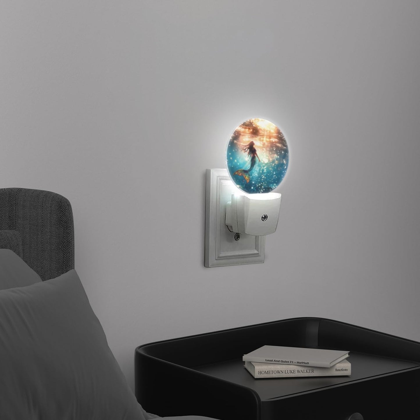 Round LED Night Lights Lamp with Dusk to Dawn Sensor, Beautiful Mermaid Swimming in The Deep Sea Night Light Plug Into Wall for Kids Room, Bedroom, Bathroom, Kitchen, Hallway