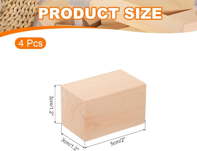 MECCANIXITY 4Pcs Basswood Carving Block, 1.2"x1.2"x2" Square Wooden Dowels